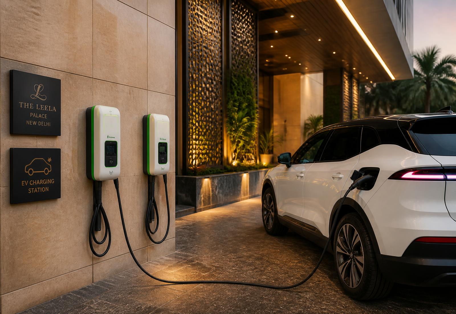 Electricaa AC charger installed at a premium hotel entrance with an electric SUV charging